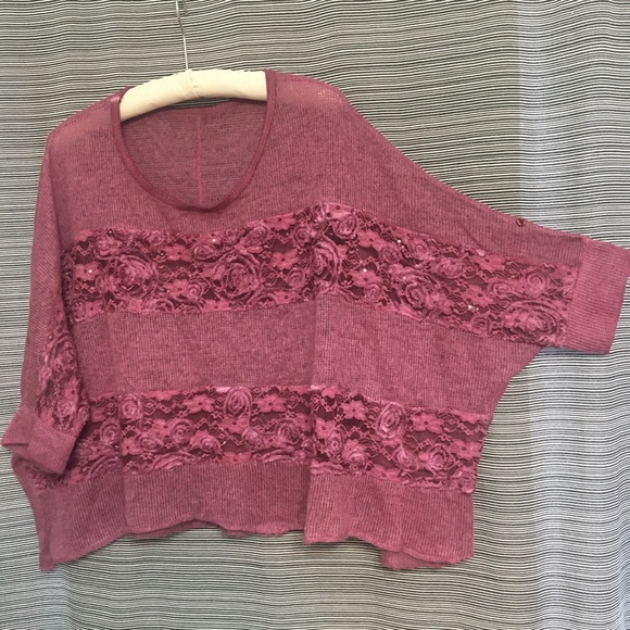 Italian Knit Mohair Sweater in Rose color with Lace Inset and Dolman Sleeve - Picture 4 of 8